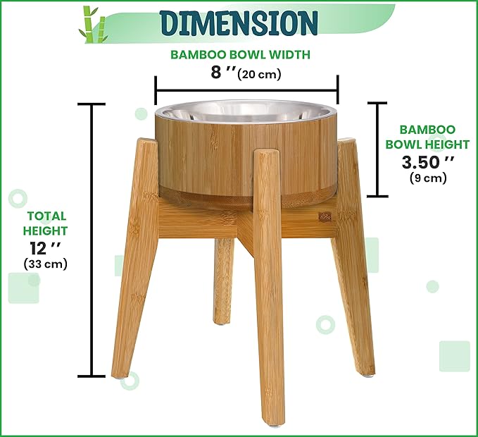 Dog Bowls Elevated, 12-inch High, 5-Cup Cap - Set of Bamboo Holder, Stainless Inner Dish and Stand - Ideal for Medium to Large Breeds - All-Detachable Parts