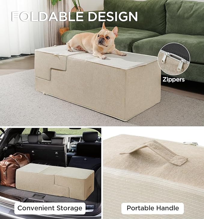 Made4Pets Dog Stairs for Small Dogs, Extra Wide Dog Steps for Bed Couch Sofa and Chair, 35D Foam Pet Steps for Small Dogs and Cats, Non-Slip Bottom Pet Stairs, Beige, 3 Steps