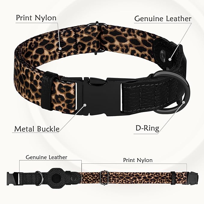 AirTag Dog Collar for Small Medium Large Breed - Adjustable Cute Pattern Dog Collar with Airtag Holder - Soft Leather Tracker GPS Apple Air Tag Pet Collars (Small, 12"-15" Neck Fit, Leopard)