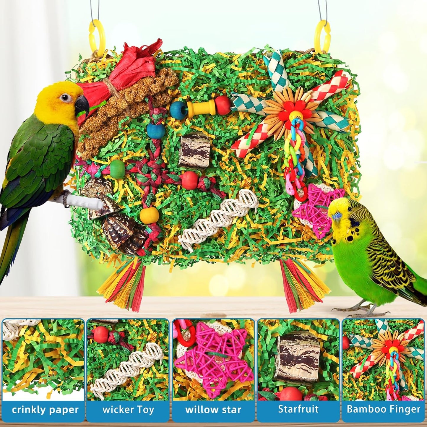 Bird Toys Parakeet Toys,Large-Sized Parrot Foraging & Shredding Cage Hanging Toys with Seagrass Mat for Budgies,Cockatiels,Lovebirds,Conures Small & Medium Parrots