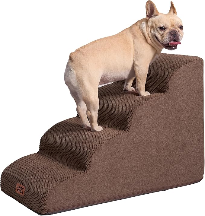 EHEYCIGA Curved Dog Stairs Ramp for High Beds 19.7" H, 4-Step Dog Steps for Small Dogs and Cats, Pet Stairs for High Bed Climbing, Non-Slip Balanced Pet Step Indoor, Brown