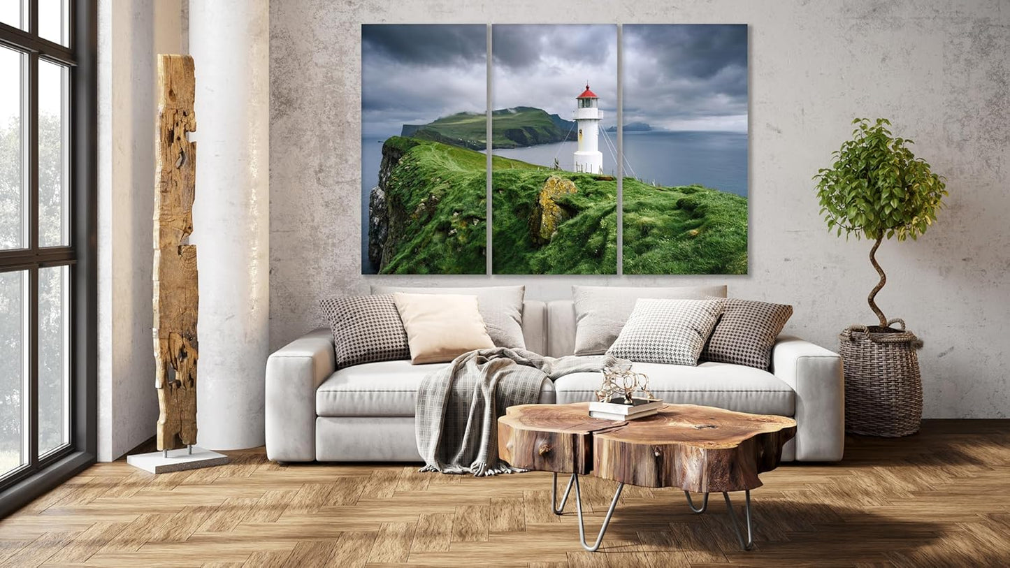 Nature Wall Art Prints - Ocean Forest Mountain Lake Canvas Landscapes - Small to Extra Large Living Room Bedroom Kitchen Bathroom Décor (Stormy Sky Lighthouse, 31L" x 47W" - 3 Panels)