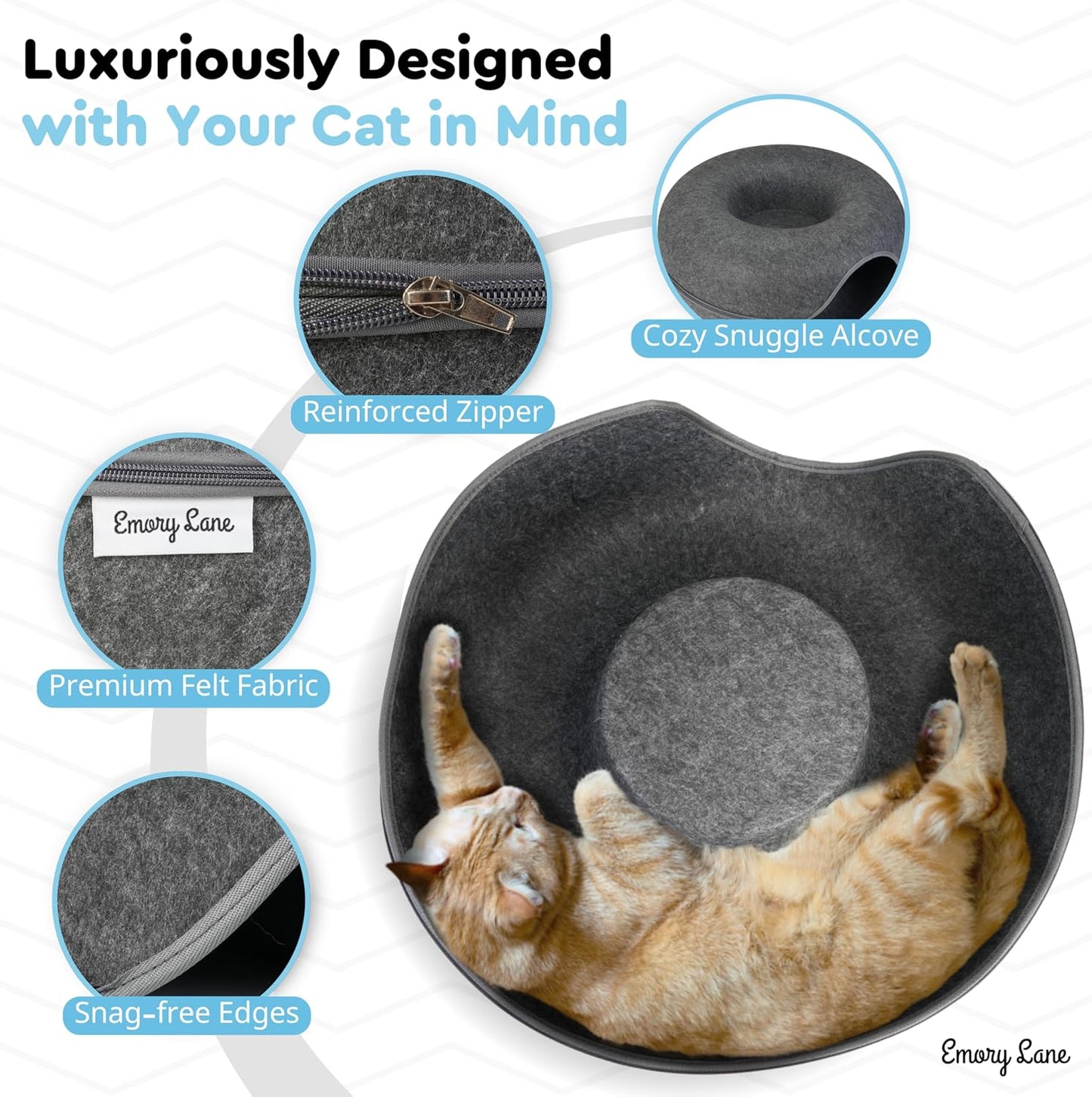 Emory Lane - Premium Cat Cave, Multifunctional Donut Tunnel Bed, Round Felt Cave with Zipper, for Pets up to 40 Lbs (24x24x11 Inch) (Dark Gray)