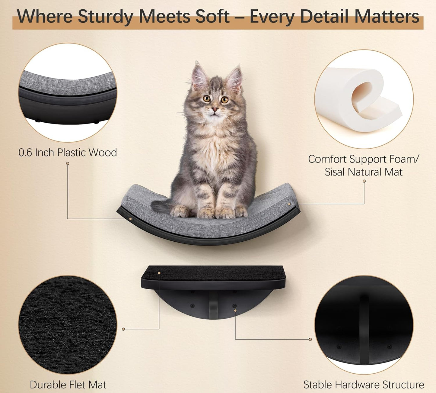 Cat Wall Shelf, Curved Cats Wall Bed, Wall Mounted Cat Grey Climbing Shelves for Sleeping, Playing, and Lounging