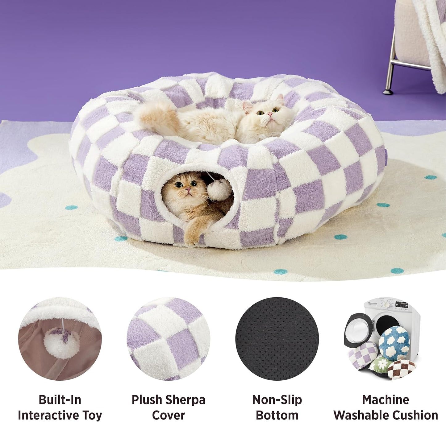 Lesure Cat Tunnel Bed for Indoor Cats - Cute Cat Donut Tunnel Toys for Small Large Cats with Washable Circle Cushion, Round Pet Peekaboo Cave Toy for Kitten/Puppy/Rabbit, Standard Purple