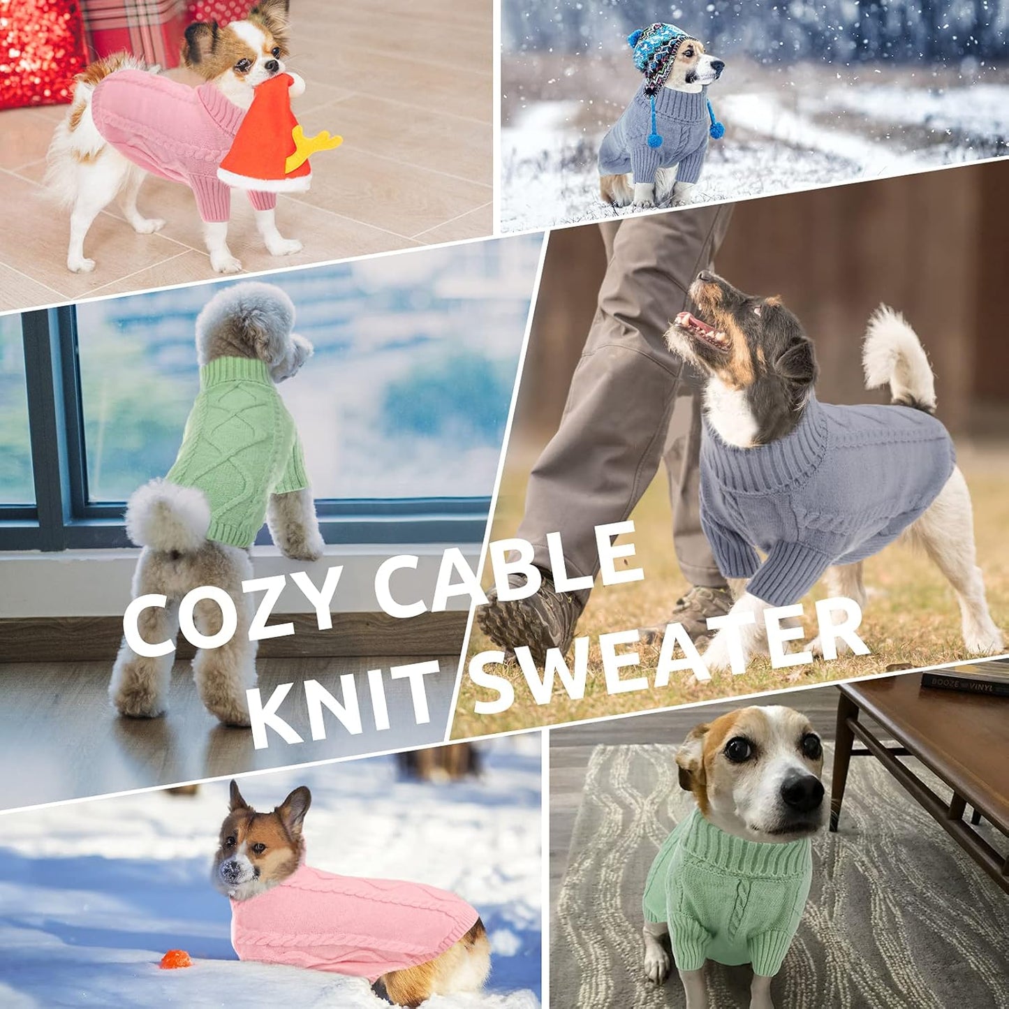 Queenmore Small Dog Pullover Sweater, Cold Weather Cable Knitwear, Classic Turtleneck Thick Warm Clothes for Chihuahua, Bulldog, Dachshund, Pug, Yorkie (Grey, Large)