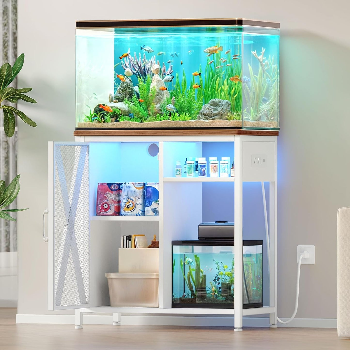 YITAHOME Fish Tank Stand with Power Outlets & LED Light, 20-29 Gallon Metal Aquarium Stand with Cabinet for Fish Tank Accessories Storage for Turtle, Reptile Terrarium, 350LBS Capacity, White