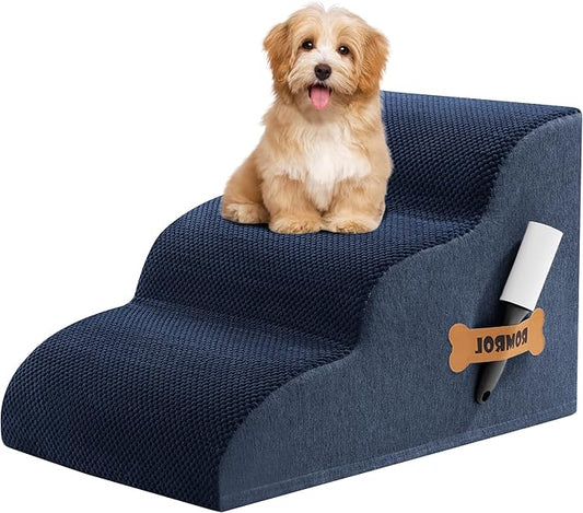 Romrol Dog Stairs Ramp for High Beds Couches, High Density Foam Pet Steps with Durable Non-Slip Waterproof Fabric Cover, Dog Stairs for Small Dogs or Cats or Pets, 3-Step,15 Inch,Navy
