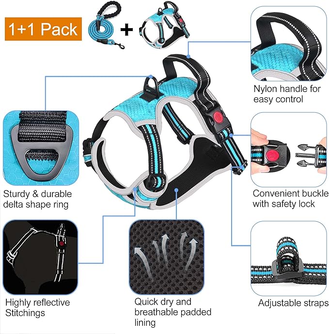 No Pull Dog Harness Adjustable Reflective Oxford Easy Control Medium Large Dog Harness with A Free Heavy Duty 5ft Dog Leash