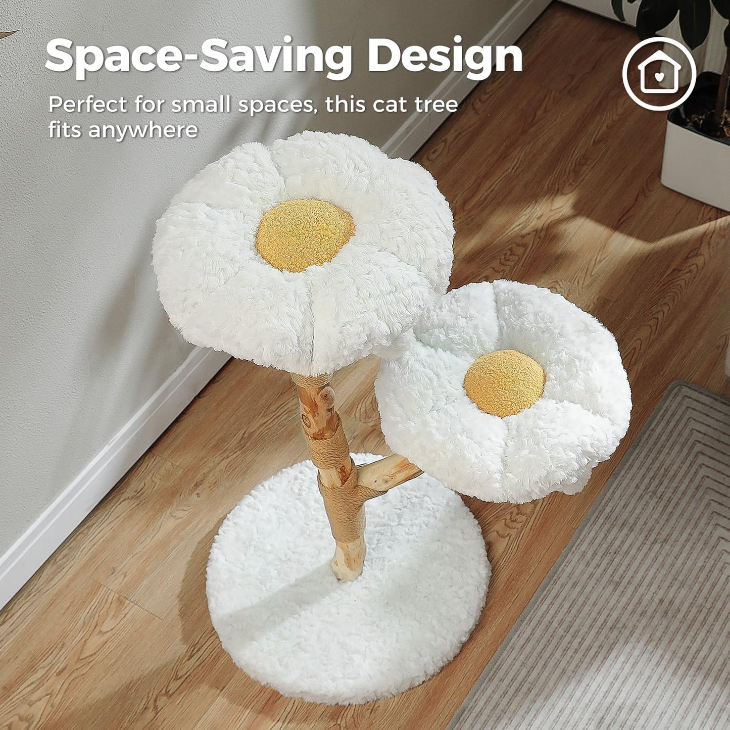 Wood Flower Cat Tree, Modern Cat Tower with Real Wood Branches, Luxury Boho Furniture with Scratching Post and 2 Perches, Cat Climbing Tower for Indoor Cats, Cloud White