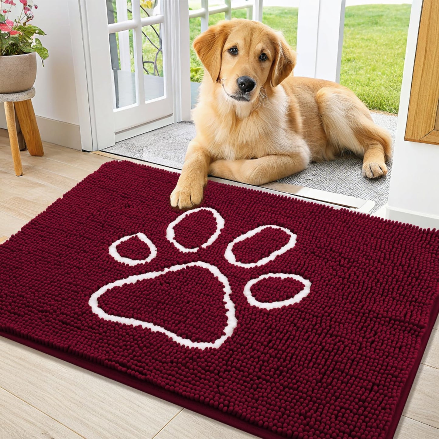 Smiry Dog Door Mat for Muddy Paws, Absorbent Dirt Trapper Non Slip Quick Dry Washable Chenille Mat for Mud Dogs, Entry Rug for Indoor and Outdoor (36x24 Inches, Burgundy)