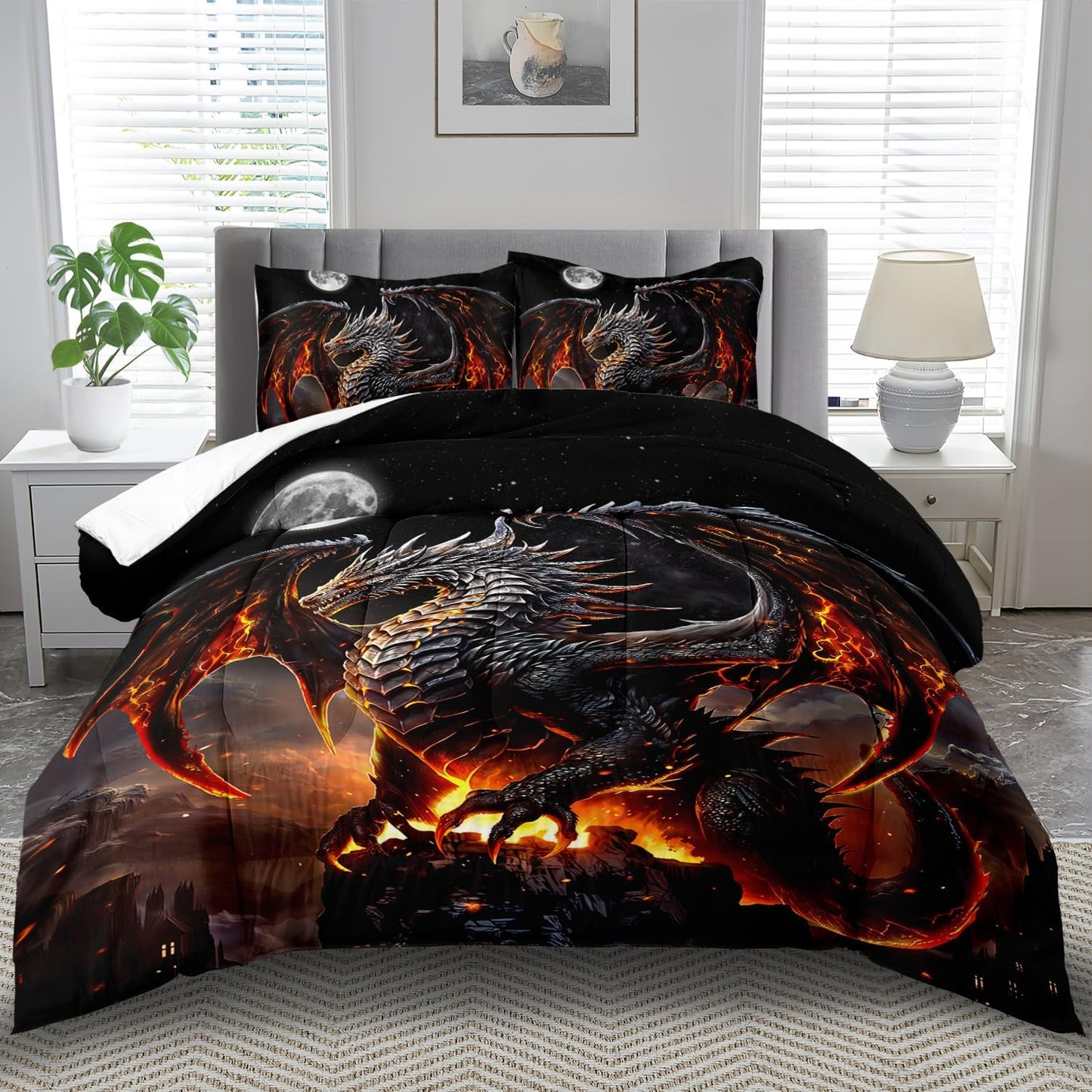 Black Dragon Comforter Set Twin Adult,Flame Dragon Bedding Set for Boys,Magical Beast Bedding Fantasy Animal Comforter Beedroom Decor,Magical Beast Quilt Bed Decor