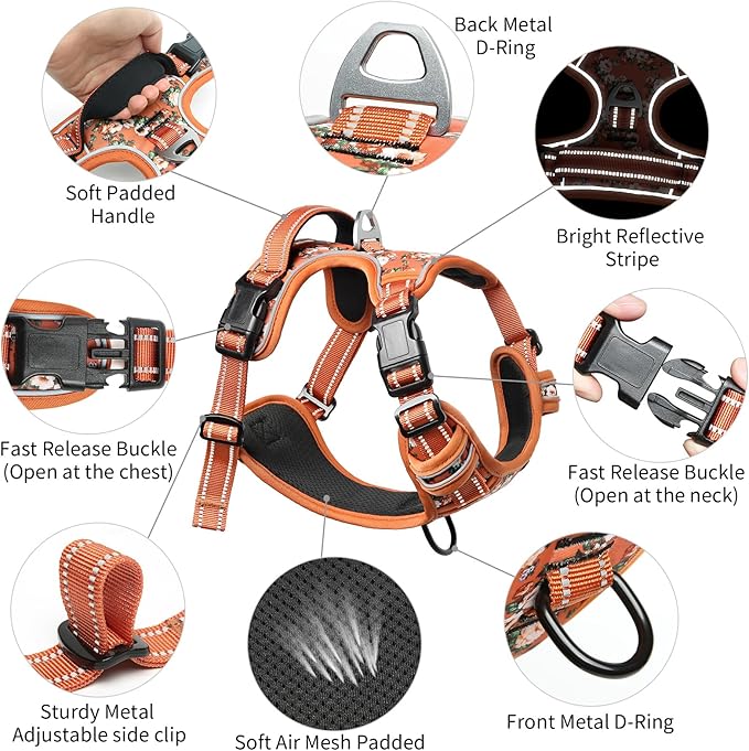 Timos Dog Harness for Large Dogs, No Pull Service Vest with Reflective Strips and Control Handle,No Choke Dog Harness with 2 Metal Rings for Easy Walking,Outdoor Training,Flower Orange, L