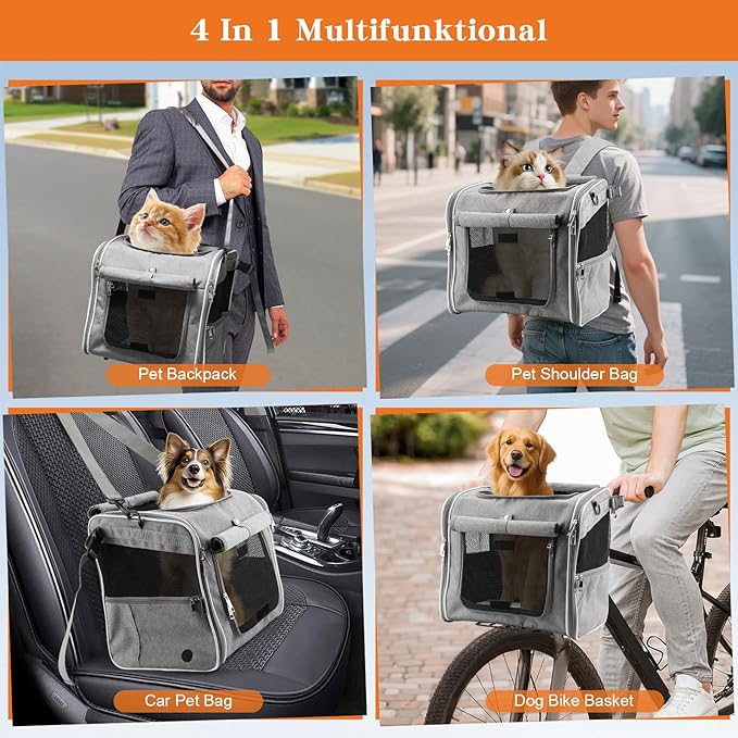 Xixter Dog Basket for Bike, Suitable for Small & Medium Pet Up to 7 kg, Foldable 4-in-1 Pet Bike Basket, Crossbody, Shoulder and Car Seat, with Sturdy Bracket and 4 Mesh Windows, Gray