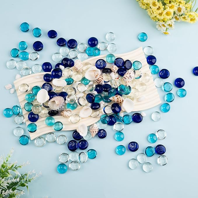 1LB Mixed Blue Glass Marbles, Transparent and Smooth Flat Glass Beads for Vases, Mosaic Gem Pebbles for Aquarium Decor, Floral Arrangements, Mancala Stones, Vase Filler and Crafts (Approx. 80-100 PCS)