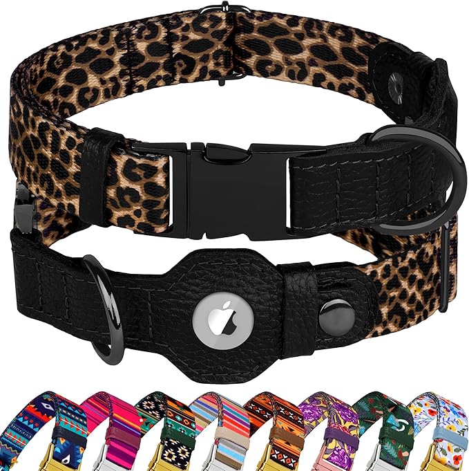AirTag Dog Collar for Small Medium Large Breed - Adjustable Cute Pattern Dog Collar with Airtag Holder - Soft Leather Tracker GPS Apple Air Tag Pet Collars (Large, 17"-21" Neck Fit, Leopard)