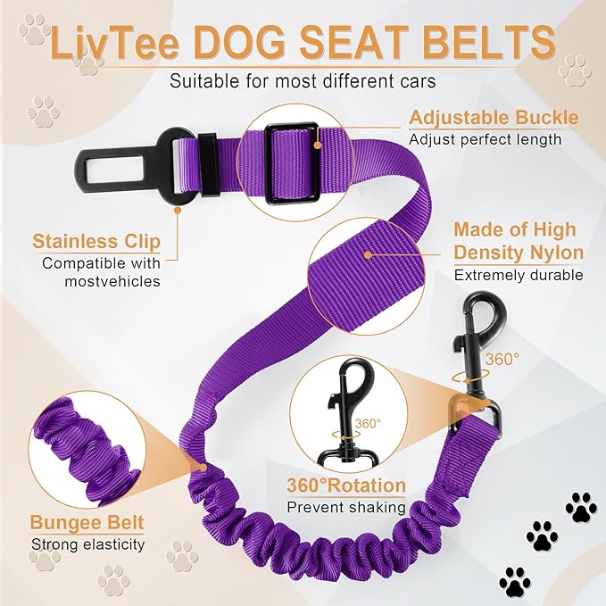 LivTee Dog Seat Belt for Car, Retractable Pet Safety Harness, Adjustable Nylon Dog Seatbelt Leash, Comfortable Dog Accessories for Vehicles (Purple-1PCS)