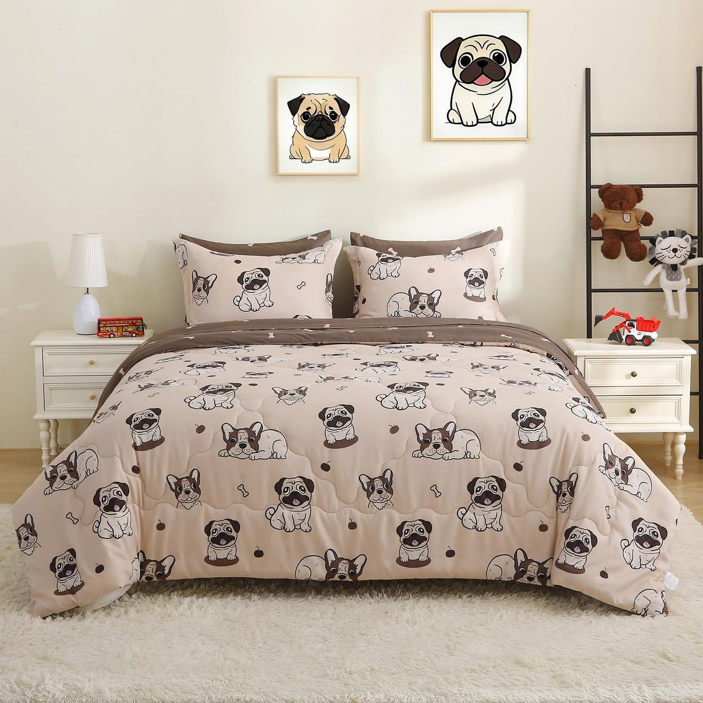 Kids Comforter Set 7 Piece Bedding Cute Dog Cartoon Animal Bed Microfiber Comforter Full Size All Season (1 Comforter, 1 Flat Sheet, 1 Fitted Sheet, 4 Pillowcase)