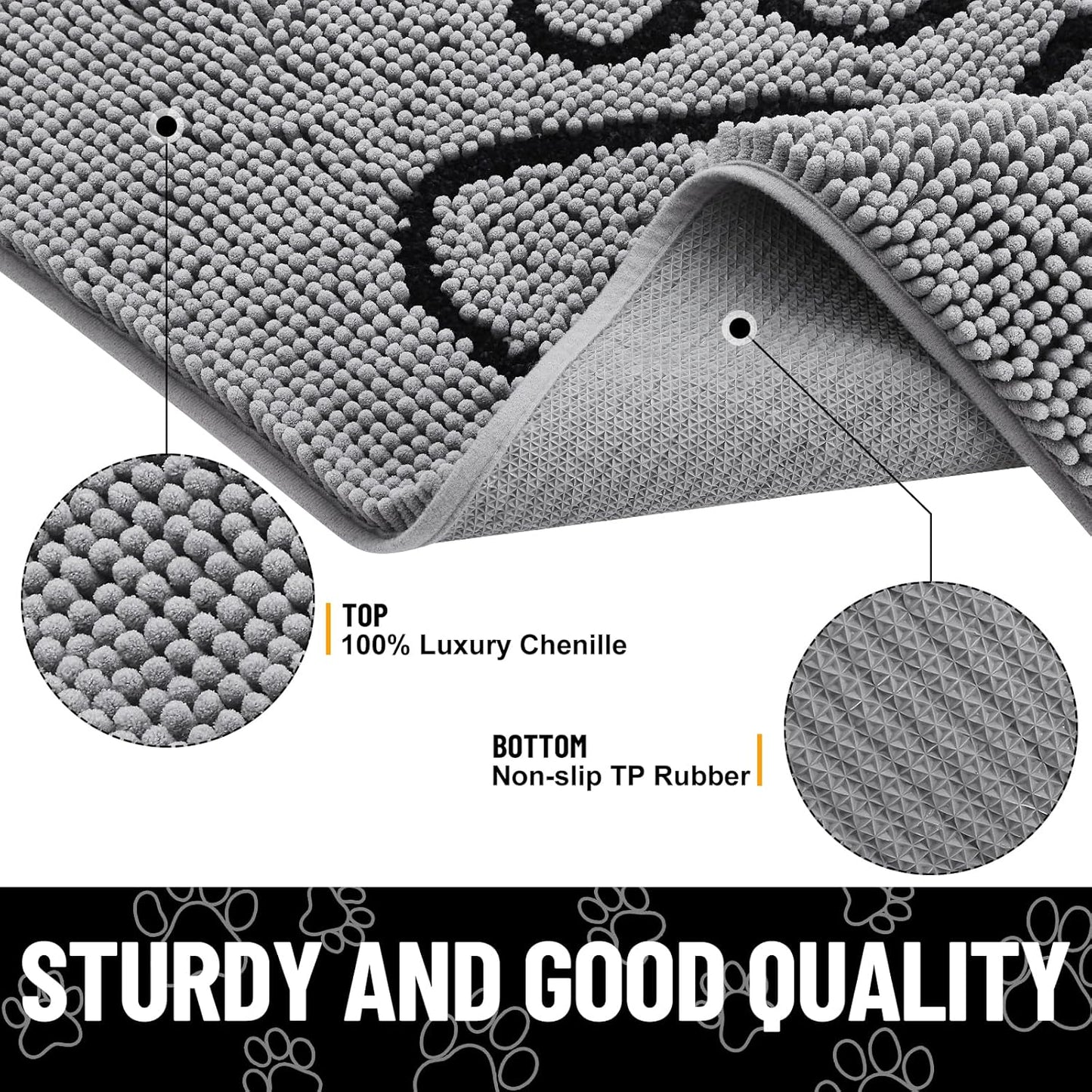 Smiry Dog Door Mat for Muddy Paws, Absorbent Dirt Trapper Non Slip Quick Dry Washable Chenille Mat for Mud Dogs, Entry Rug for Indoor and Outdoor (48x30 Inches, Grey)