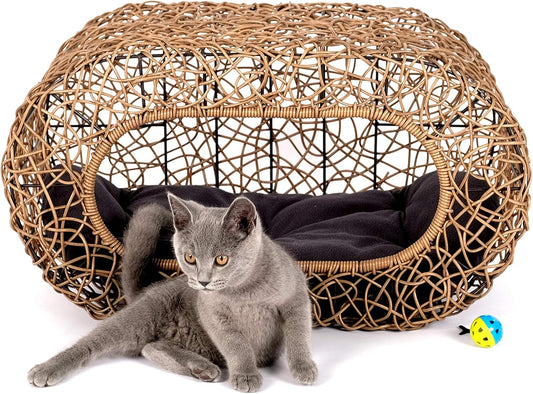 Fun Stackable Cat Condo for Indoor Cats - Interactive Play Faux Rattan Cat House for Indoor Cats Kitty, Pet Friendly Top/Side House Entry, Cat Bed Enclosed