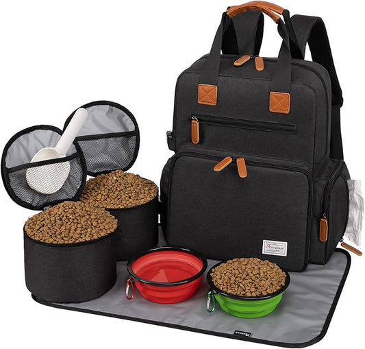 Modoker Dog Travel Bag, Airline Approved Backpack for Pet Accessories Organizer, Tote Weekend Bag with 2 Dog Food Storage Containers, 2 Collapsible Bowls, 1 Pet Mat, Black