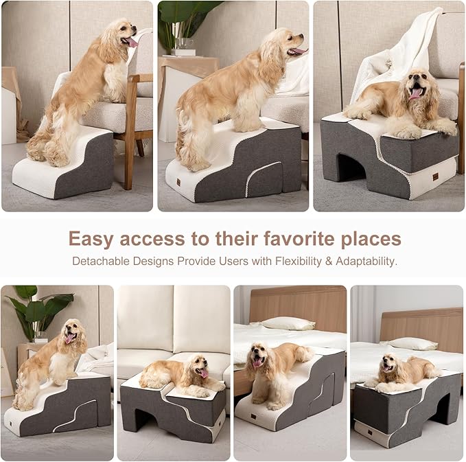 Dog Stairs for High Beds with Tunnel, 4-Step Dog Steps for Small Dogs and Cats, Foldable Pet Stairs for High Bed Climbing, Non-Slip Balanced Pet Step Indoor, Beige