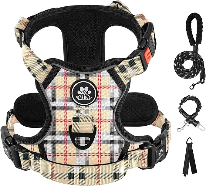 IVY&LANE No Pull Dog Harness with Leash Set, Reflective No Choke Pet Vest,Adjustable Oxford Dog Vest Harness with Easy Control Handle for Large Dogs (Checkered Beige,L)