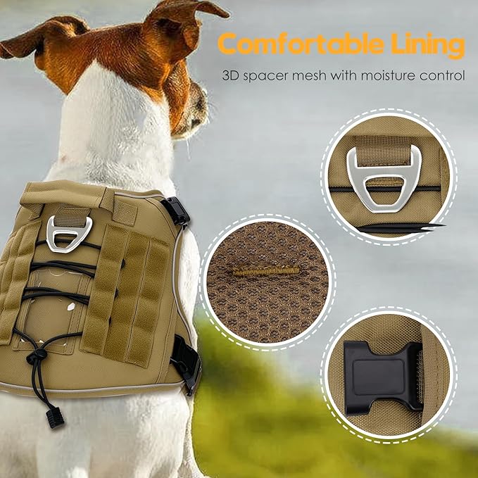 Heavy-Duty Tactical Dog Harness for Large Dogs, No Pull Adjustable Reflective Pet Vest with Molle System, K9 Military-Grade Control for Service Training, Outdoor & 10+ Breeds, Khaki, X-Large
