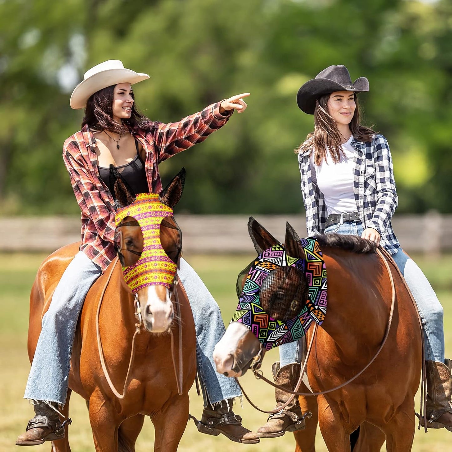 Qualirey12 Pieces Horse Fly Mask Bulk Comfortable Elasticity Mask for Horses with Ears Net UV Protection Breathable Horse Supplies Face Covering for Horse Pony and Foal (Geometric Patterns, Large)