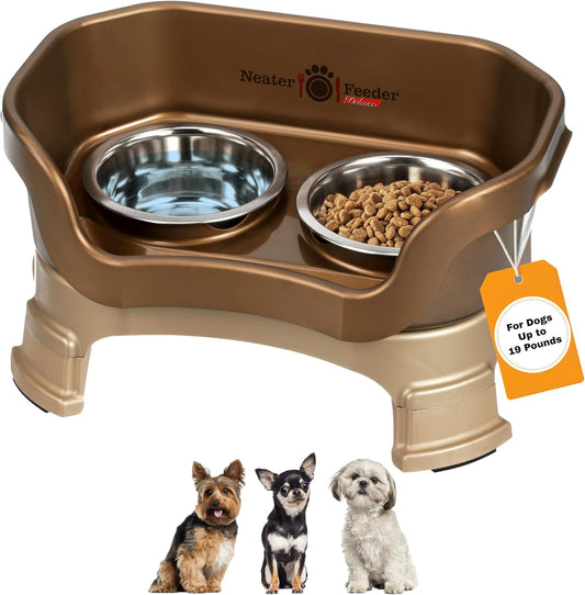 Neater Feeder Deluxe Mess Proof Dog Bowls Elevated for Small Breeds – Made in USA – No Spill Raised Dog Food Bowl Stand w/Leg Extensions – Stainless Steel Dog Food and Water Bowl Set – Bronze