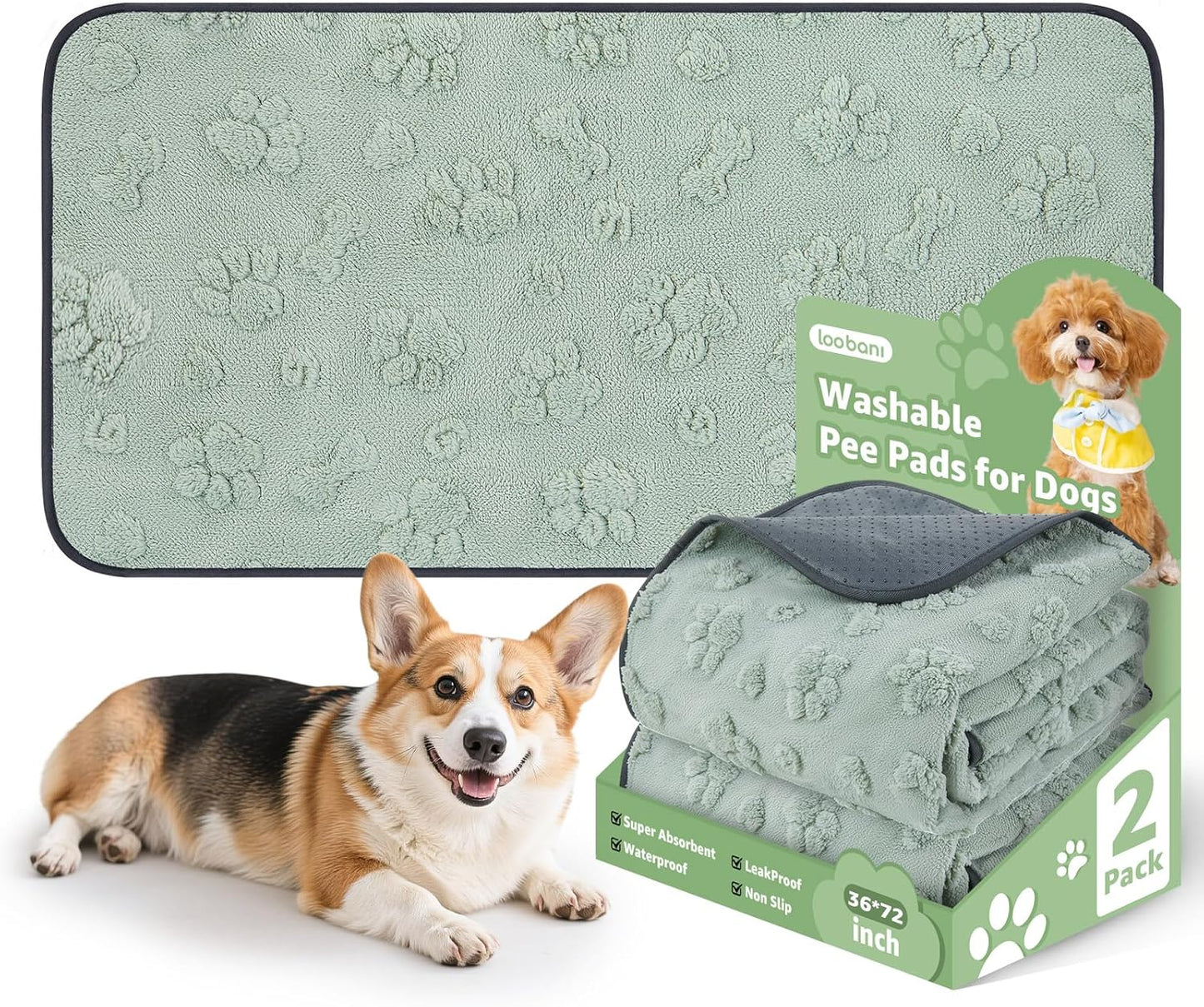 LOOBANI Washable Pee Pads for Dogs: 2 Pack Super Absorbent Reusable Puppy Pads, Leakproof and Waterproof Dog Training Pads Whelping Pads for Potty, Floor, Crate, Couch, Bed and Travel, 36"x72"