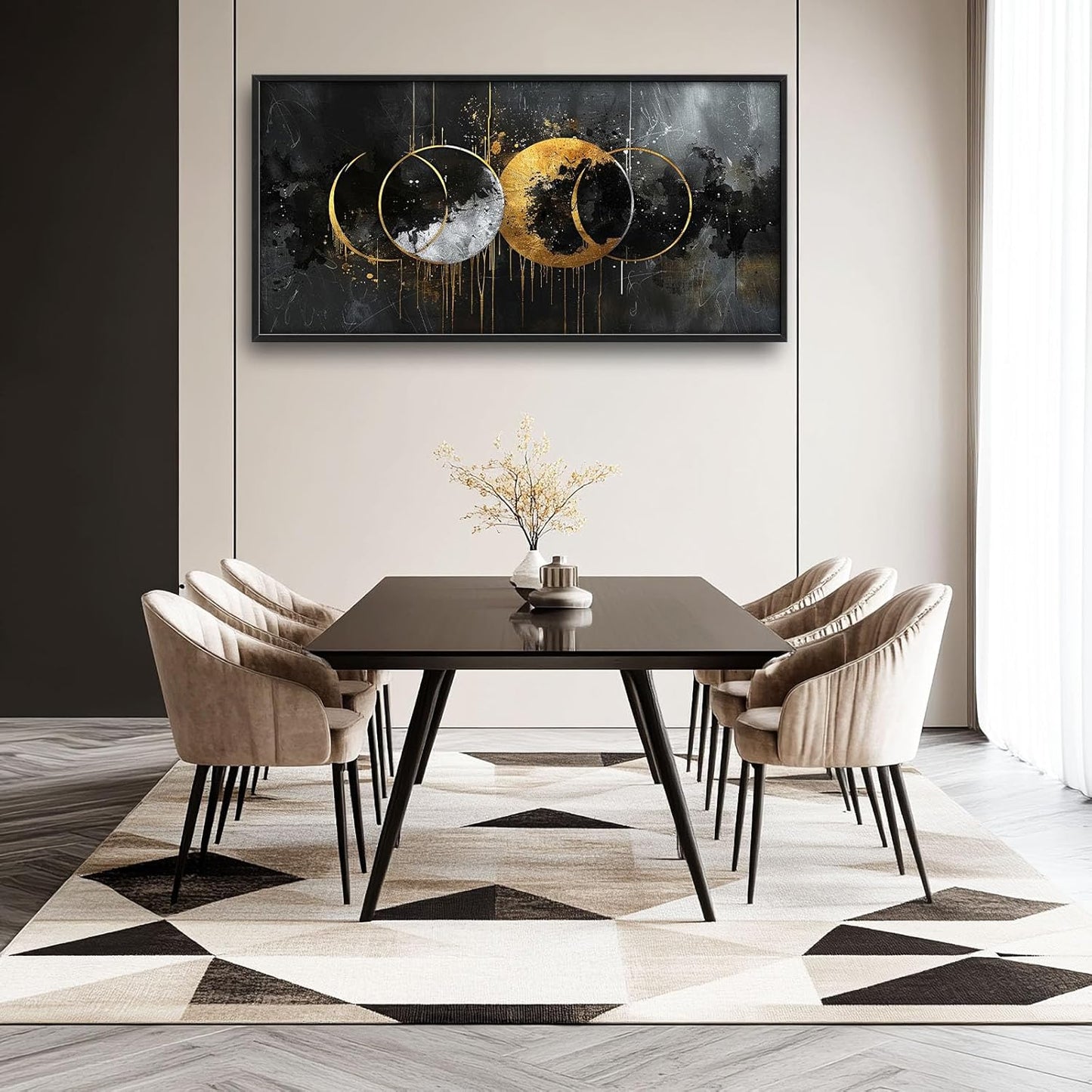 Quorin Abstract Sun Moon Large Wall Art Black and Gold Circle Pictures Sun and Moon Wall Decor Canvas Print Painting Artwork for Bathroom Living Room Bedroom 60L x 30W