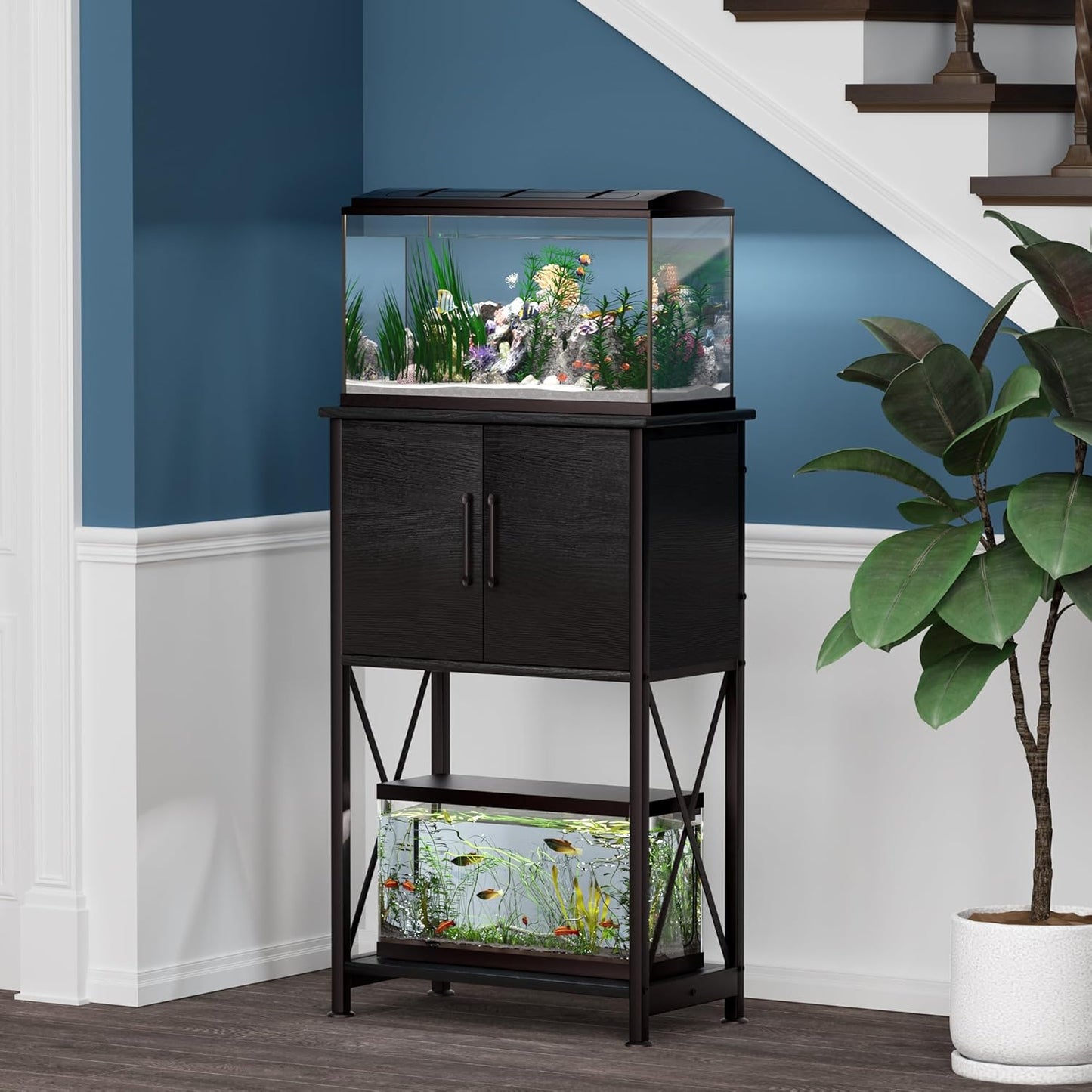 5-10 Gallon Fish Tank Stand, Metal Double Aquarium Stand with Cabinet for Fish Tank Accessories Storage, Heavy Duty 20.5" L* 11.02" W Tabletop, 500LBS Capacity Black PG06YGB