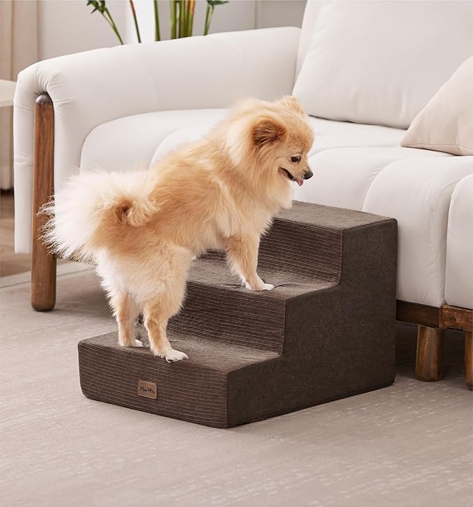Made4Pets Dog Stairs for Small Dogs, Extra Wide Dog Steps for Bed Couch Sofa and Chair, 35D Foam Pet Steps for Small Dogs and Cats, Non-Slip Bottom Pet Stairs, Brown, 3 Steps