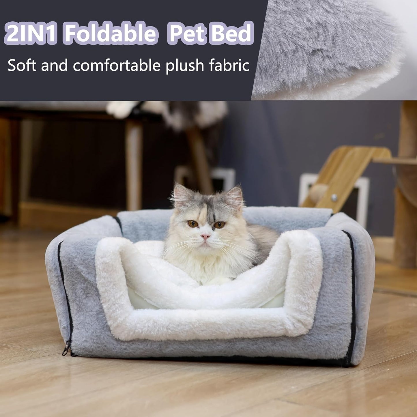 Cat Bed for Indoor Cats，Foldable cat cave，Anti-Slip & Water-Resistant Bottom，cat Houses for Indoor Cats or Small Dogs, Kitten Tent, Rabbit Bed，2 in 1 pet Bed (Grey)