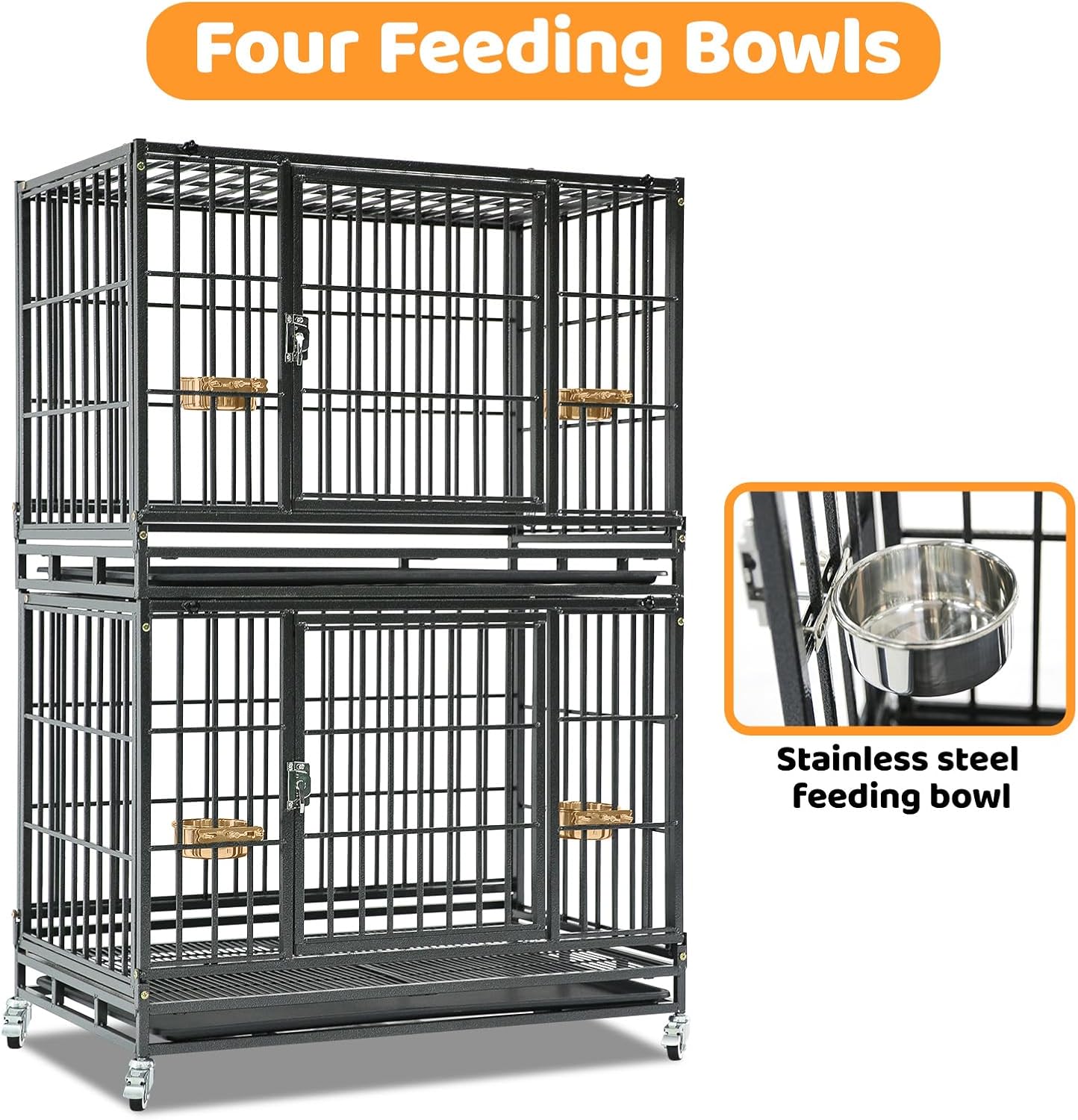 Homey Pet 37 Inch Stackable Heavy Duty Dog Crate Cage Kennel with Feeding Bowls, Lockable Wheels and Removable Tray, Escape Proof Wire Drop Dog Crates for Medium Dogs (Two Tiers)
