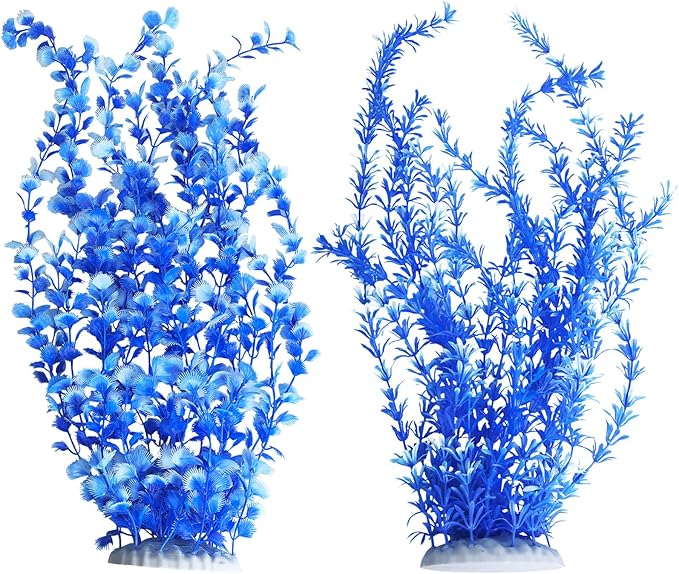 Hamiledyi Aquarium Plastic Plants Aquarium Decor Artificial Fish Tank Plants,Tall Fish Tank Decorations, Extra Large Aquarium Plant 23.6-inch Tall,2PCS（Blue）