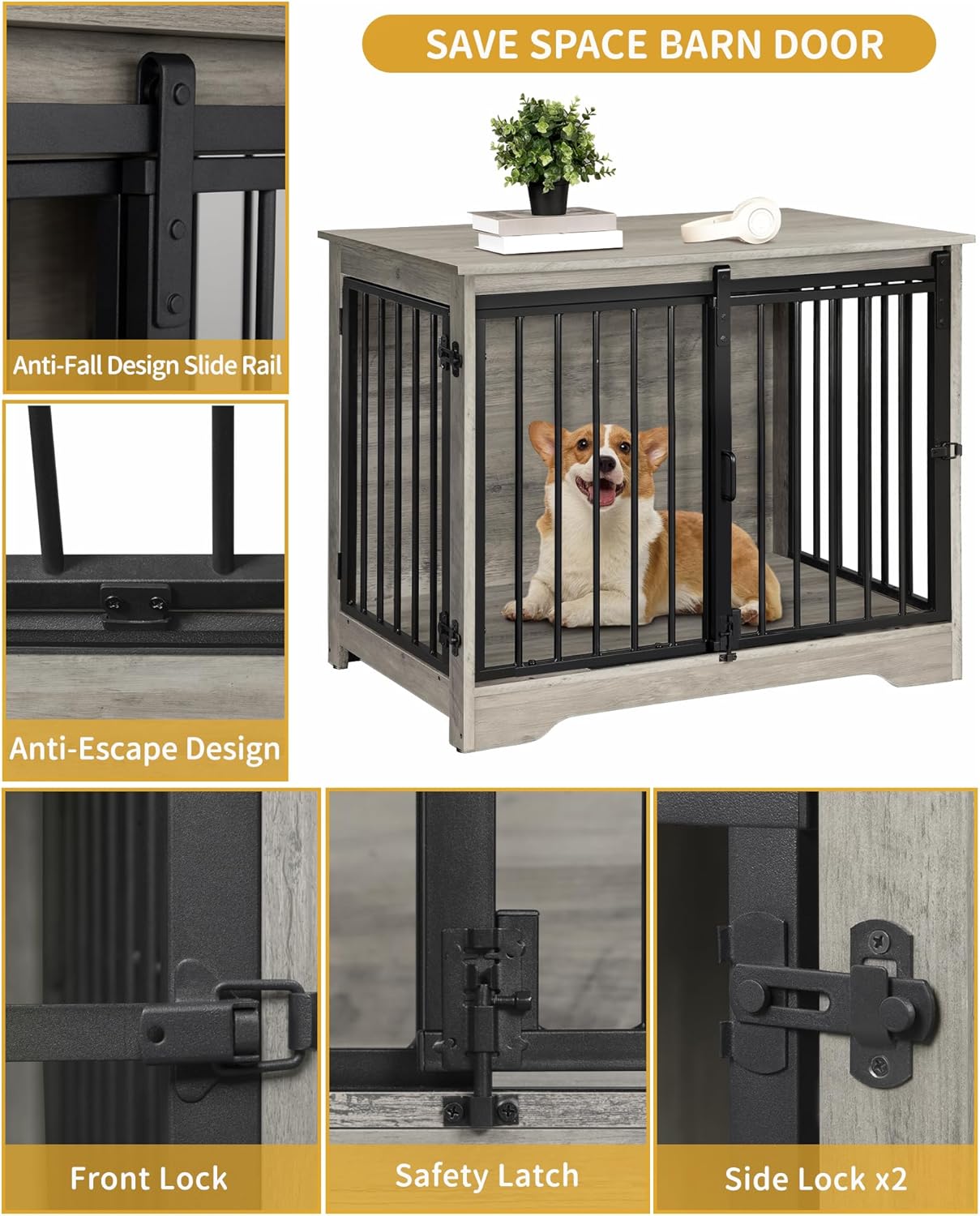 31.9" Dog Crate Furniture with Barn Door, Heavy Duty Dog Kennel Indoor with 2 Doors, Wooden Pet Cage End Table for Small Medium Dogs up to 44 lb, Anti-Chew Anti-Escape, Greige DFC83605B