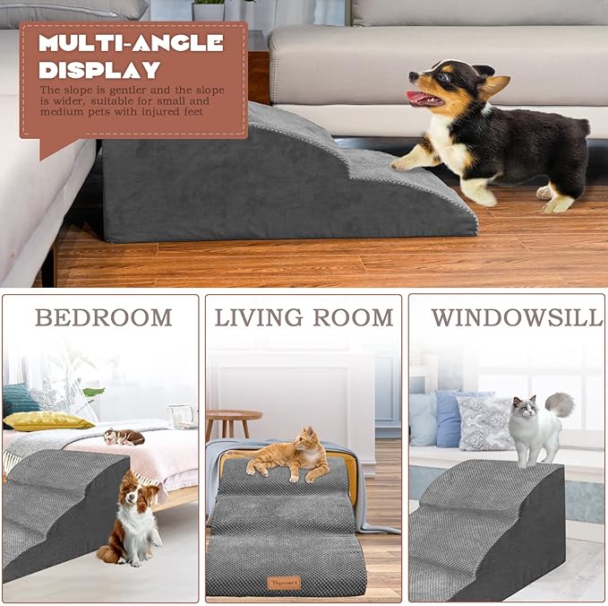 Topmart High Density Extended Foam Dog Ramp&Steps 3 Tiers,15.7" High,Non-Slip Dog Stairs with Waterproof Cover,Soft Foam Pet Ladder,Best for Injured,Older Cats,Pets with Joint Pain