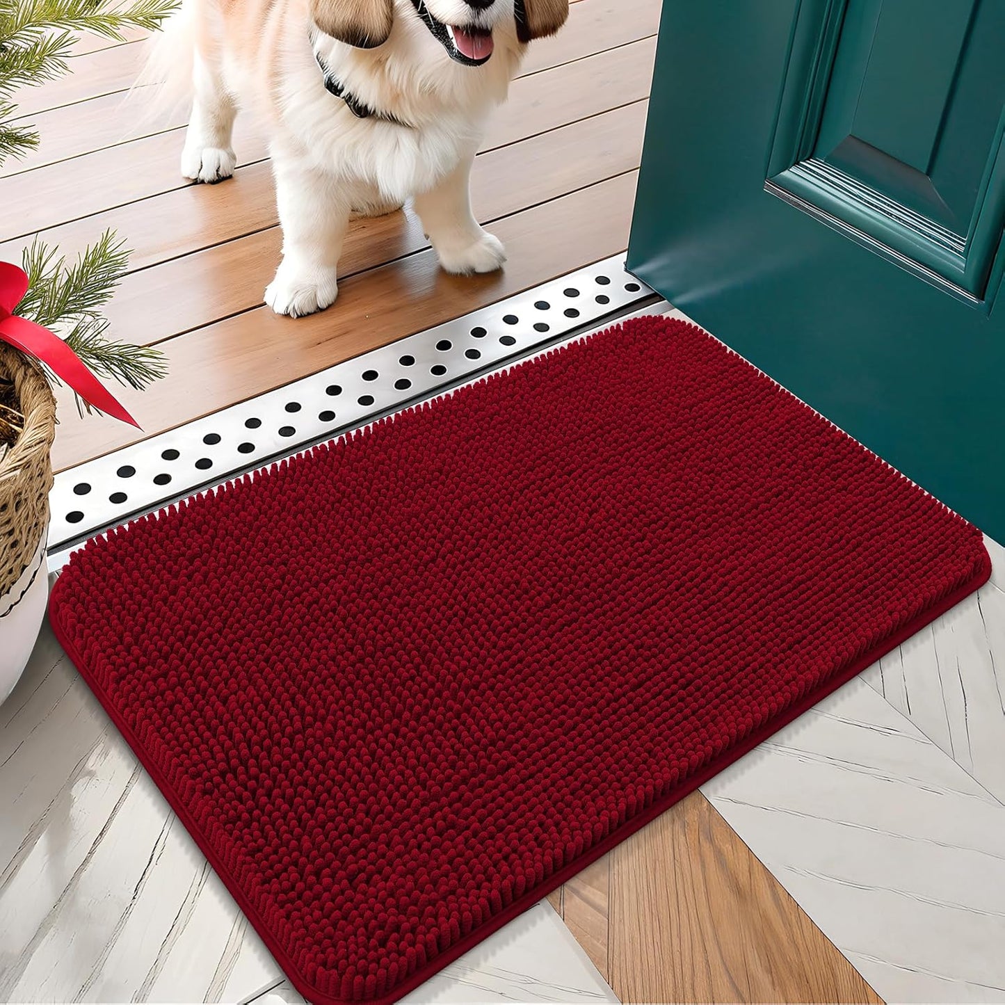 OLANLY Dog Door Mat for Muddy Paws 24x16, Absorbs Moisture and Dirt, Absorbent Non-Slip Washable Doormat, Quick Dry Chenille Mud Mat for Dogs, Entry Indoor Entryway Carpet for Inside Floor, Red