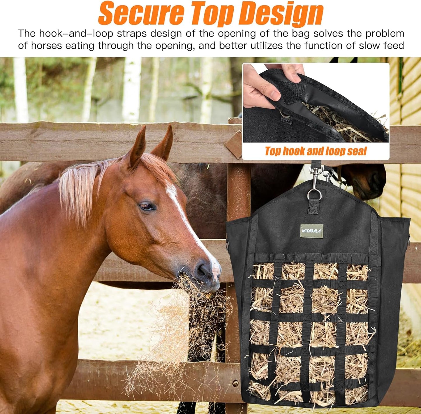 Hay Bags for Horses,Two-Sided Premium Oxford Slow Feed Hay Bags for Goats,Sheep,Donkey,Large Top Opening with Hook-and-Loop Seals,Easy to Hang with Adjustable Strap (Black, Large 2 Packs)