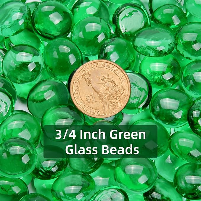 1LB Green Flat Glass Marbles for Vases, Gemstone Beads Vase Filler Decorative Glass Pebbles for Fish Tank, DIY Crafts, Aquarium Decor Rocks