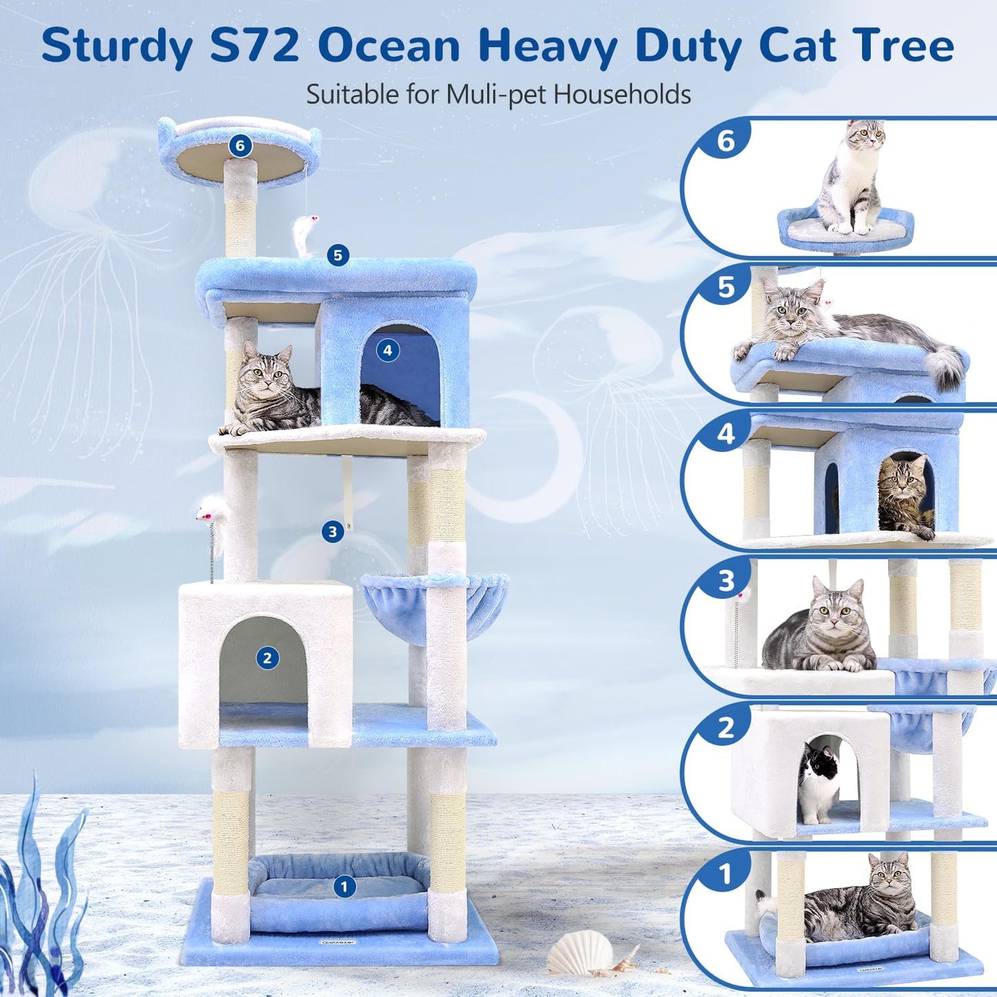 Globlazer Heavy Duty Cat Trees for Large Cats, Sturdy 72in Maine Coon Cat Tree for Large Cats 20 lbs+ Heavy Duty Cat Tower for Adult Biggest Cat with 6 Scratching Posts, Hammock, S72, Ocean Blue