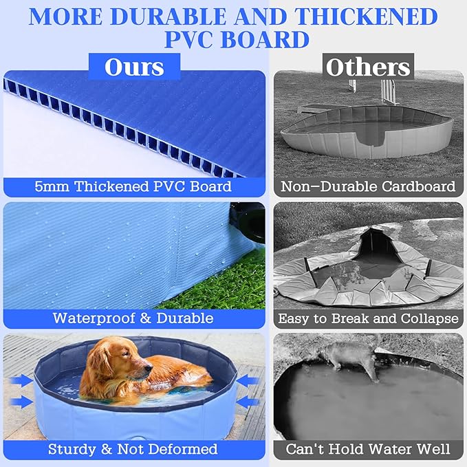 Foldable Dog Bath Swimming Pool Plastic Kiddie Pool Professional Tub Collapsible Grooming Bathtub for Pets Kids Baby and Toddler, 97 x 12 Inches Blue