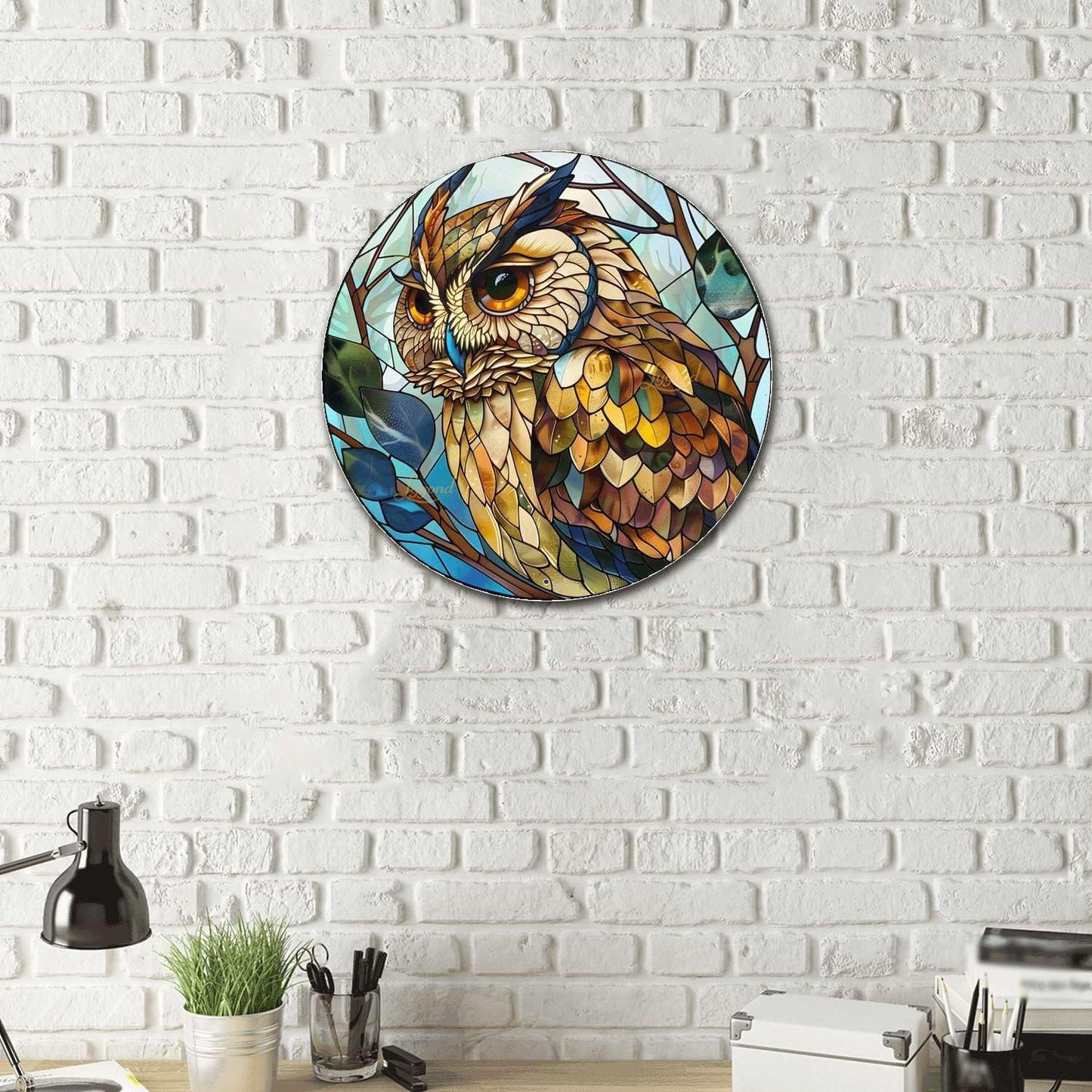 Lygond Metal Sign Tin Sign Circular Stained Glass Owl Bathroom Signs for Home for Garden 12×12 Inches
