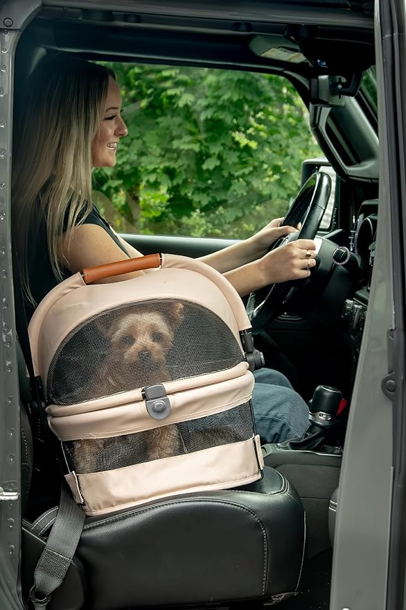 Pet Gear No-Zip View 360 Ultra Lite Pet Safety Carrier & Car Seat for Small Dogs & Cats Push Button Entry, 15", Sand,View 360 Ultra Light 15-inch,Sand