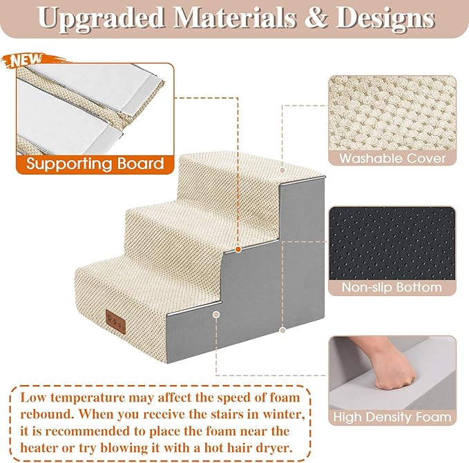 GGIB Dog Stairs for Small Dogs Pet Stairs for Sofa Couch Dog Ramp Pet Steps with Removable Washable Cover, Beige, 13" H, 3-Step