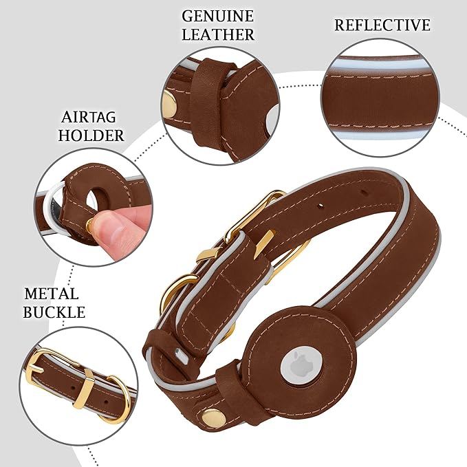 OOPSDOGGY Reflective Geniune Leather Airtag Dog Collar Soft Padded Collars for Small Medium Large Breed Dogs Puppy, 4 Sizes, 7 Colors (Brown, Medium, 12"-15")