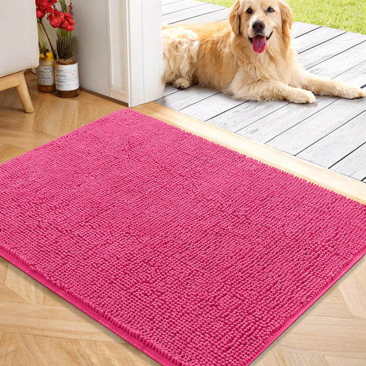 OLANLY Dog Door Mat for Muddy Paws 40x32, Absorbs Moisture and Dirt, Absorbent Non-Slip Washable Doormat, Quick Dry Chenille Mud Mat for Dogs, Entry Indoor Entryway Carpet for Inside Floor, Hot Pink