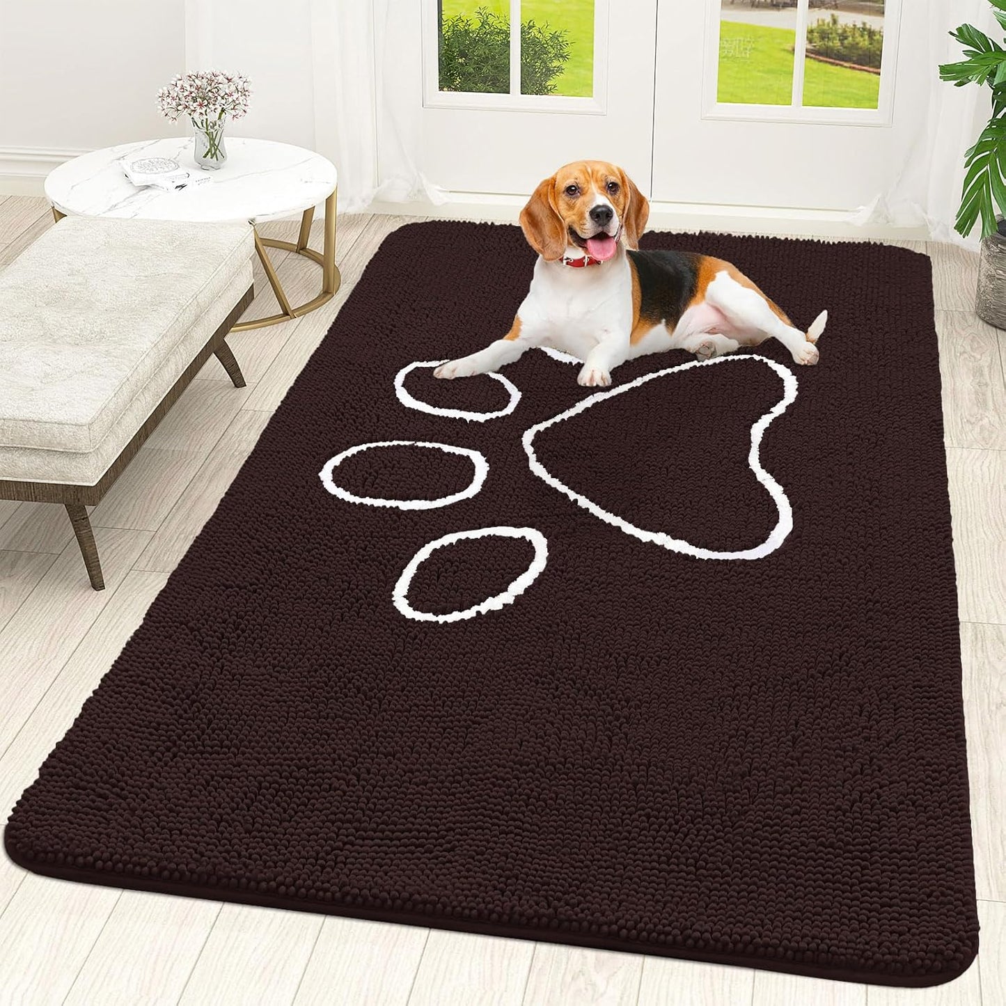 OLANLY Door Mat for Muddy Dog Paws 70x46, Ultra Absorbent Chenille Mud Doormat with Paw Print Design, Non-Slip Washable Doormat for Indoor Entryway, Quick-Dry Pet Bed Mats for Dirty Dogs, Brown